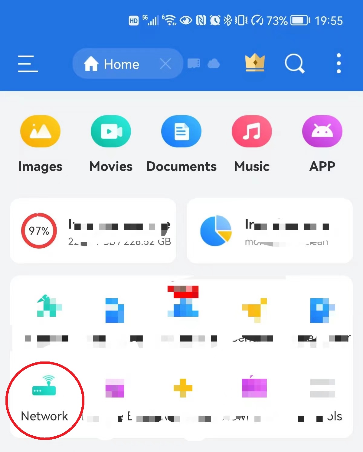 Android file manager Home screen with the Network option circled in the bottom section.