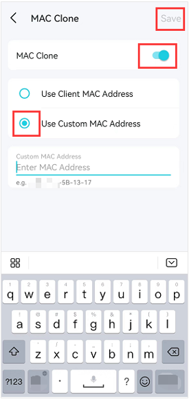 MAC Clone screen with MAC Clone toggled on, Use Custom MAC Address selected, and Save button highlighted.