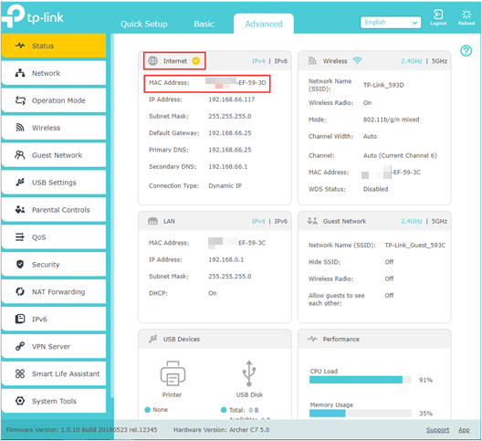 TP-Link router status page on Advanced tab with Internet MAC address highlighted.