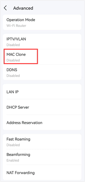 Deco app Advanced settings screen with MAC Clone option highlighted.