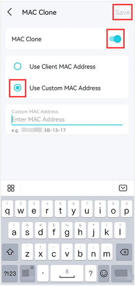 MAC Clone screen with MAC Clone toggled on, Use Custom MAC Address selected, and Save button highlighted.