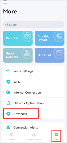 Deco app More menu with Advanced option and More tab highlighted.