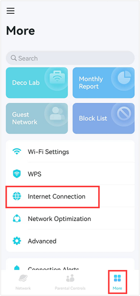 Deco app More menu with Internet Connection option and More tab highlighted.