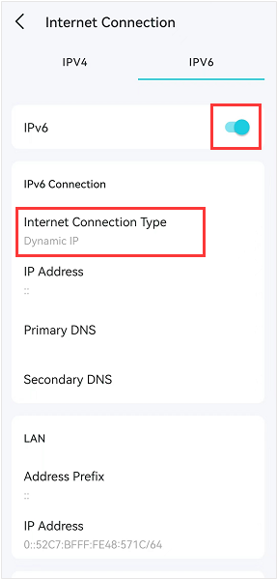 Deco app Internet Connection IPv6 tab with IPv6 toggled on and Internet Connection Type highlighted.