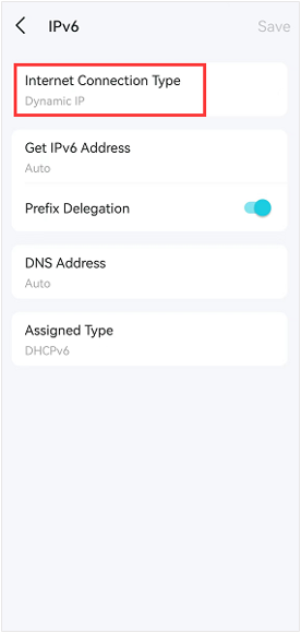 Deco app IPv6 settings screen with Internet Connection Type showing Dynamic IP highlighted and Prefix Delegation toggled on.