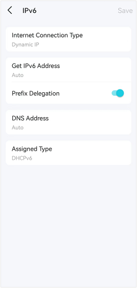 Deco app IPv6 settings screen showing Dynamic IP type with Prefix Delegation toggled on and DNS Address set to Auto.