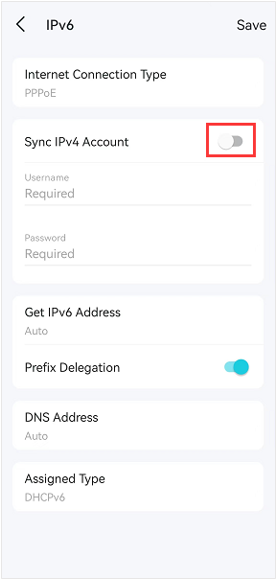 Deco app IPv6 PPPoE settings screen with Sync IPv4 Account toggle highlighted and Prefix Delegation toggled on.
