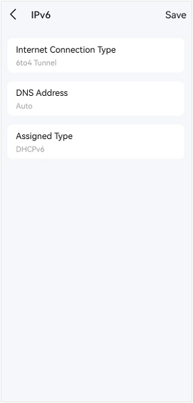 Deco app IPv6 settings screen with Internet Connection Type set to 6to4 Tunnel and DNS Address set to Auto.