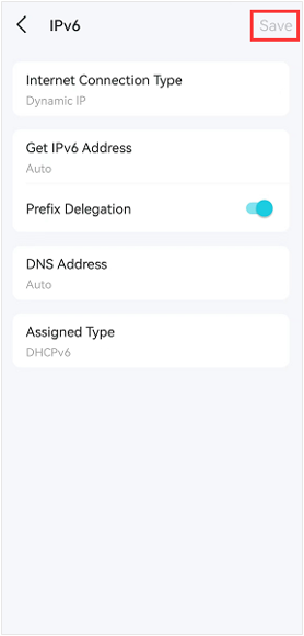 Deco app IPv6 Dynamic IP settings screen with Prefix Delegation toggled on and Save button highlighted.