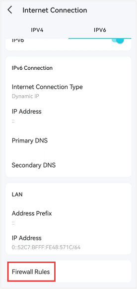 Deco app Internet Connection IPv6 tab showing connection details and Firewall Rules option highlighted.