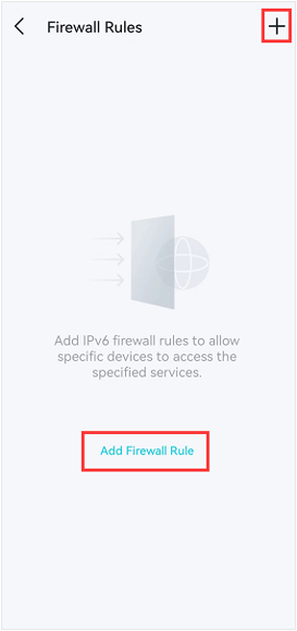 Deco app Firewall Rules screen with Add Firewall Rule button and the + icon highlighted.