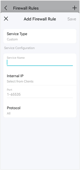 Deco app Add Firewall Rule screen with Service Type set to Custom and fields for Service Name, Internal IP, Port, and Protocol.
