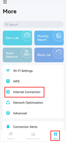 Deco app More menu with Internet Connection option and More tab highlighted.