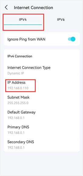 Deco app Internet Connection screen on IPv4 tab with IP Address 192.168.0.110 highlighted.