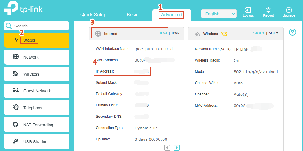 TP-Link router Advanced Status page with Status menu and Internet IP Address highlighted.