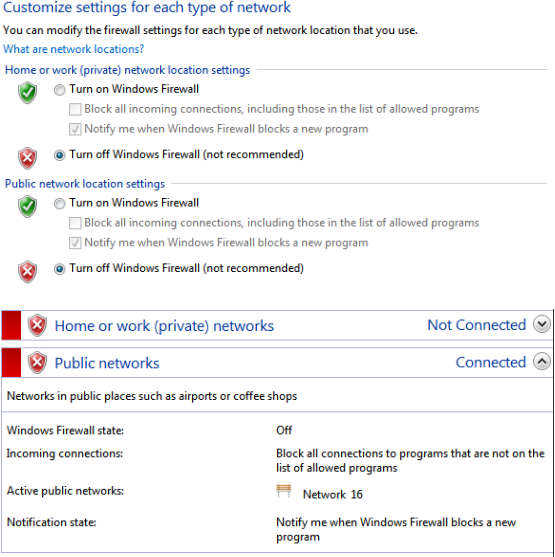 Windows Firewall settings with firewall turned off for both private and public networks.