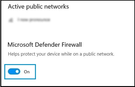 Microsoft Defender Firewall settings with firewall turned on for Active public networks.