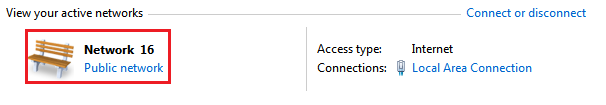 Windows Network and Sharing Center showing Network 16 as a public network with internet access.