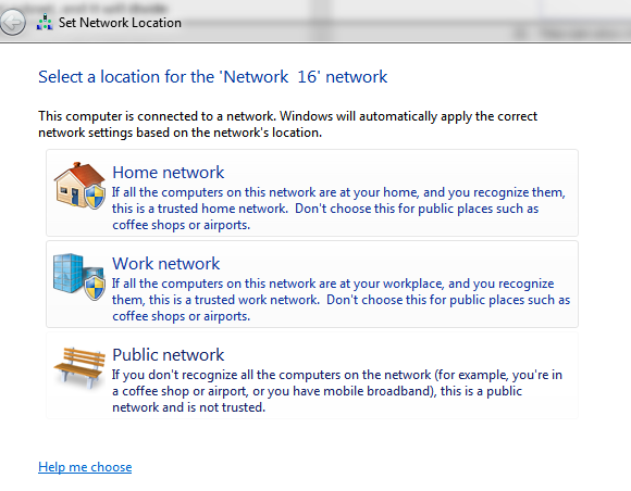 Windows Set Network Location dialog showing Home, Work, and Public network options for Network 16.