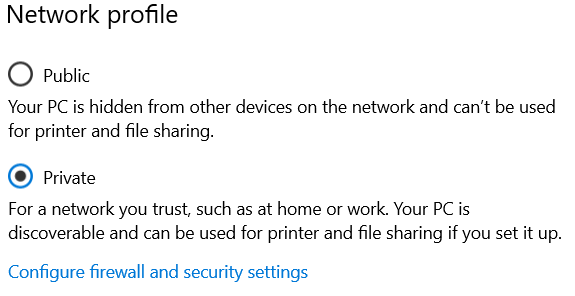 Windows Network profile settings with Private network selected and Public unselected.