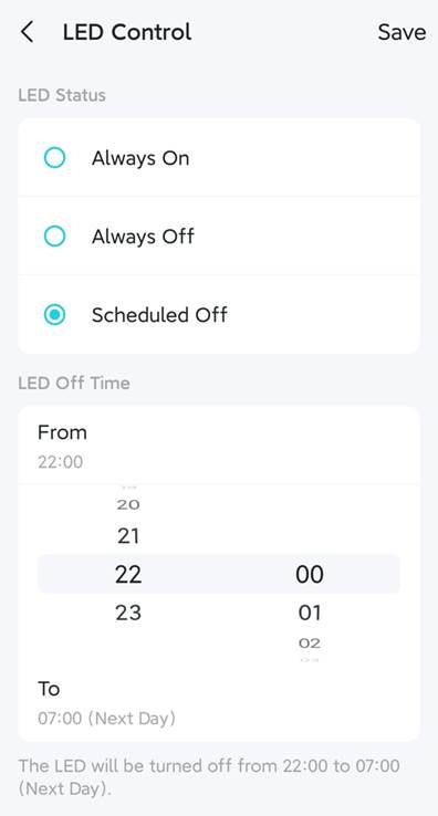 LED Control page with three LED status: Always On, Always Off, a selected Scheduled off, and options to choose specific LED off time