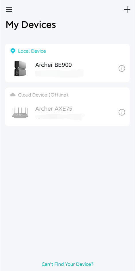 My Devices page with a local device Archer BE900 and a cloud device Archer AXE75.