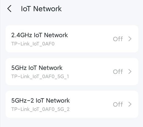The IoT Network page with three options: 2.4GHz IoT Network, 5GHz IoT Network, 5GHz-2 IoT Network.