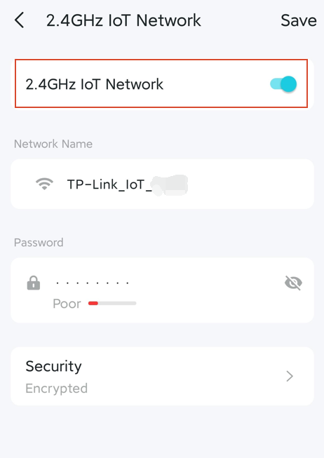 The 2.4GHz IoT Network settings page with options to enable it, customized its Network Name, Password and security type.