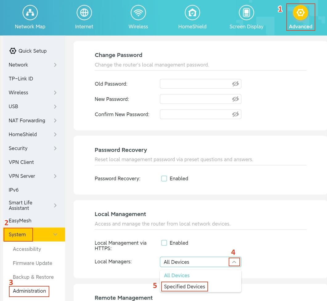 Steps to select Specified Devices on the Local Management page.