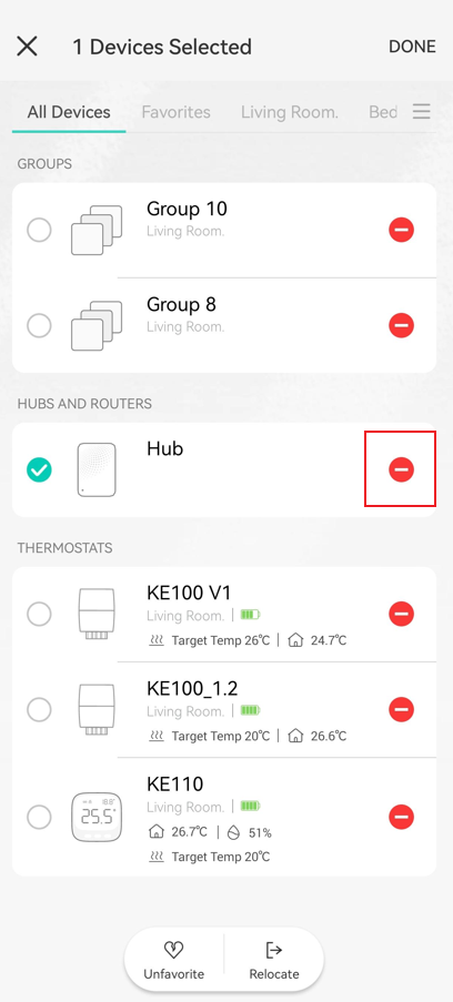 Long press the device card on the Kasa app Home page and click on the minus icon.