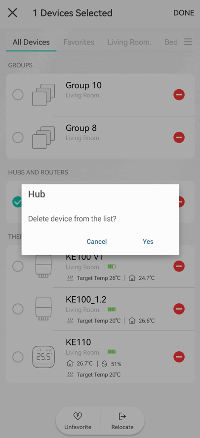 Tap Yes to confirm deletion of the device.