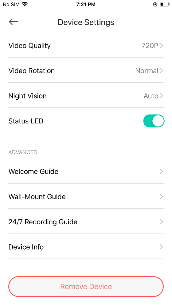 Kasa app Device Settings screen showing video settings, Status LED toggle enabled, and a Remove Device button at the bottom.