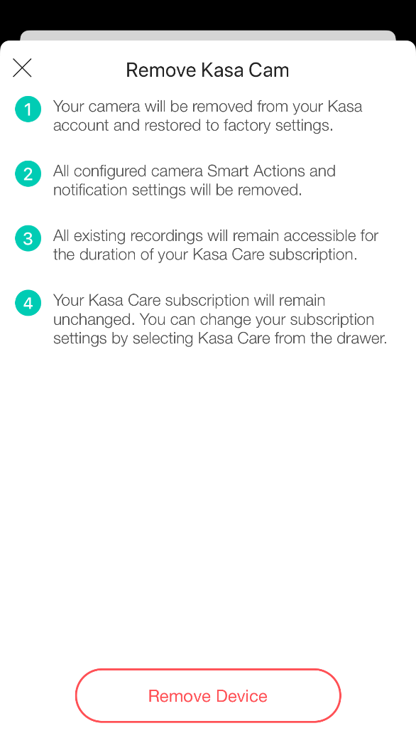 Kasa app Remove Kasa Cam screen listing four consequences of removal, with a Remove Device button at the bottom.