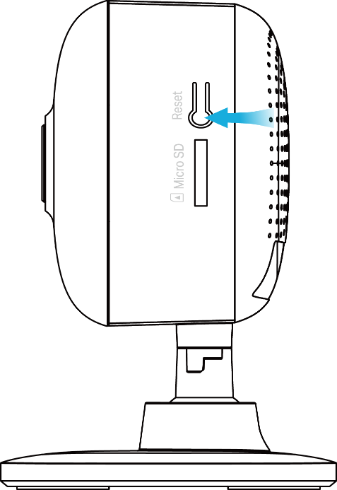 Diagram of a Kasa indoor security camera showing the location of the Reset button and Micro SD slot on the side. Arrow to the reset button.