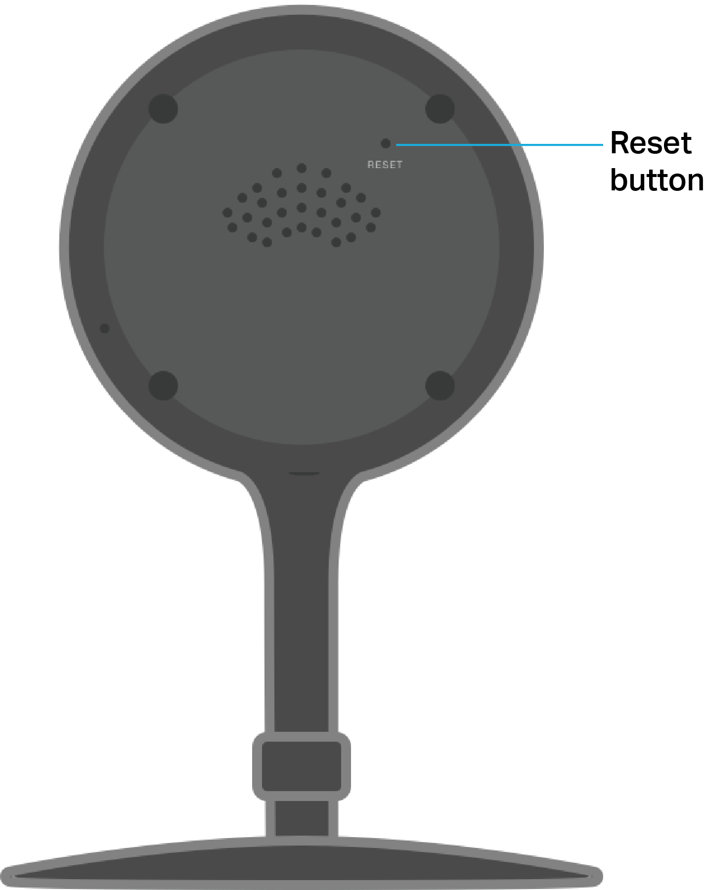 Diagram of a Kasa indoor security camera showing the Reset button location on the back of the device.