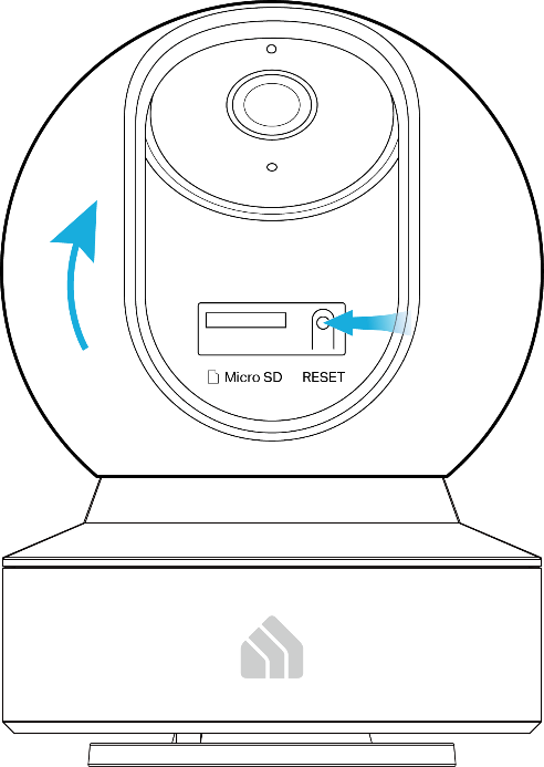 Diagram of a Kasa Pan and Tilt security camera showing the lens tilted up to access the Reset button.