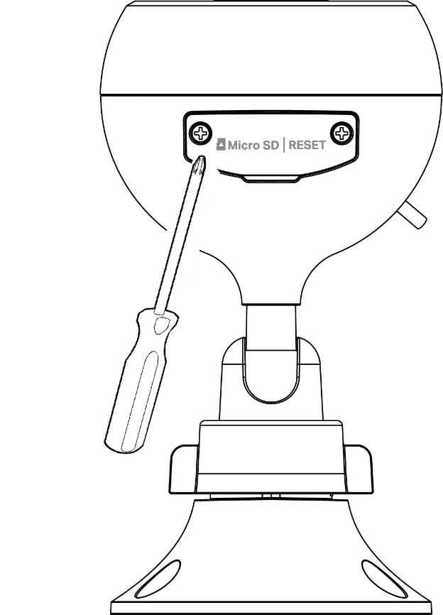 Diagram of a Kasa wired outdoor security camera with a screwdriver illustrating how to remove the back panel to access the Reset button.