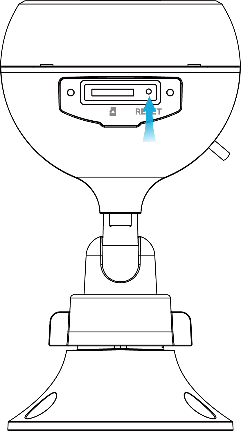 Diagram of a Kasa wired outdoor security camera showing the Reset button location on the bottom, near the micro SD slot.