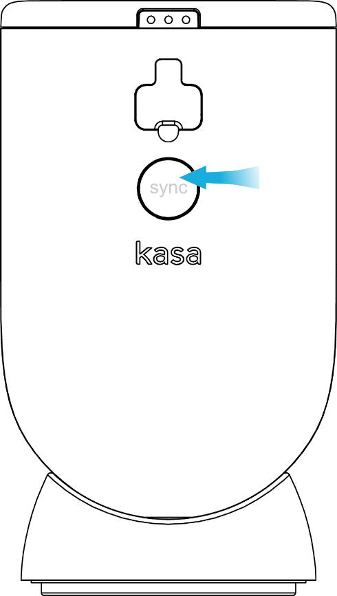 Diagram of a Kasa wire-free outdoor security camera with an arrow pointing to the Sync button on the side.