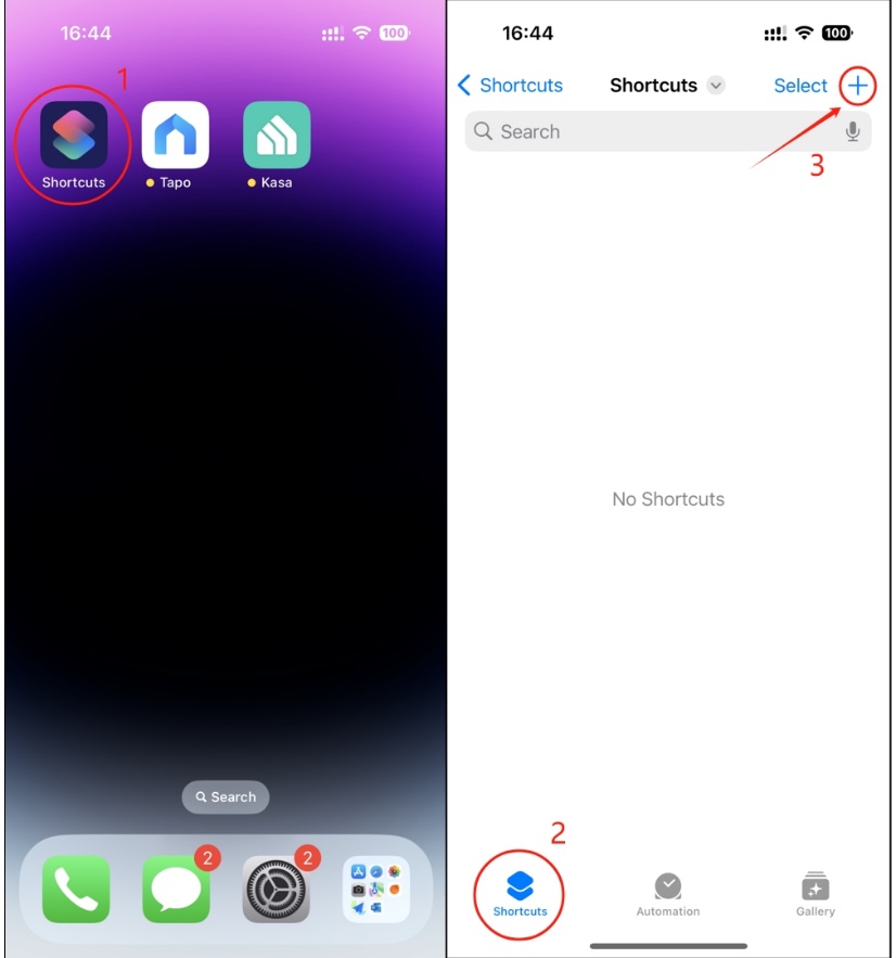Open the Shortcuts app and tap the plus icon in the top right corner.