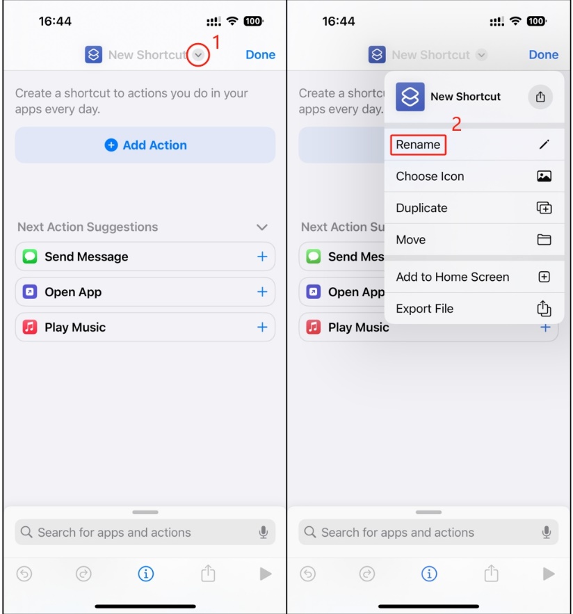 Tap the drop down icon and select Rename.
