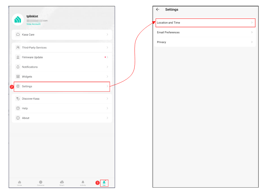 Select Settings in the Kasa App Me page, then tap Location and Time.