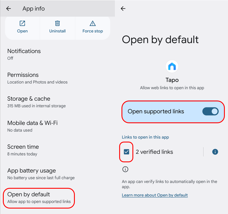 Allow Tapo to open supported links in phone app settings page.