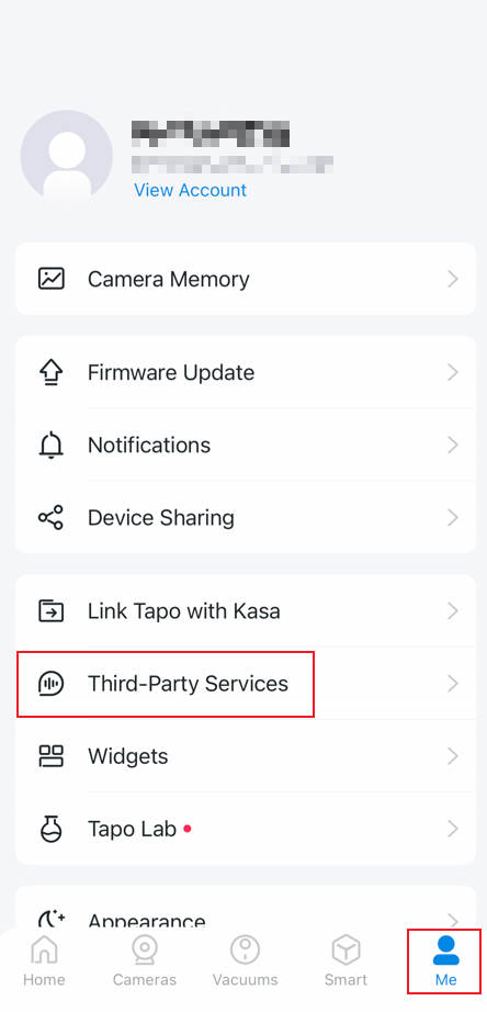 Tap Me button in the bottom right corner, then select Third-Party Services.