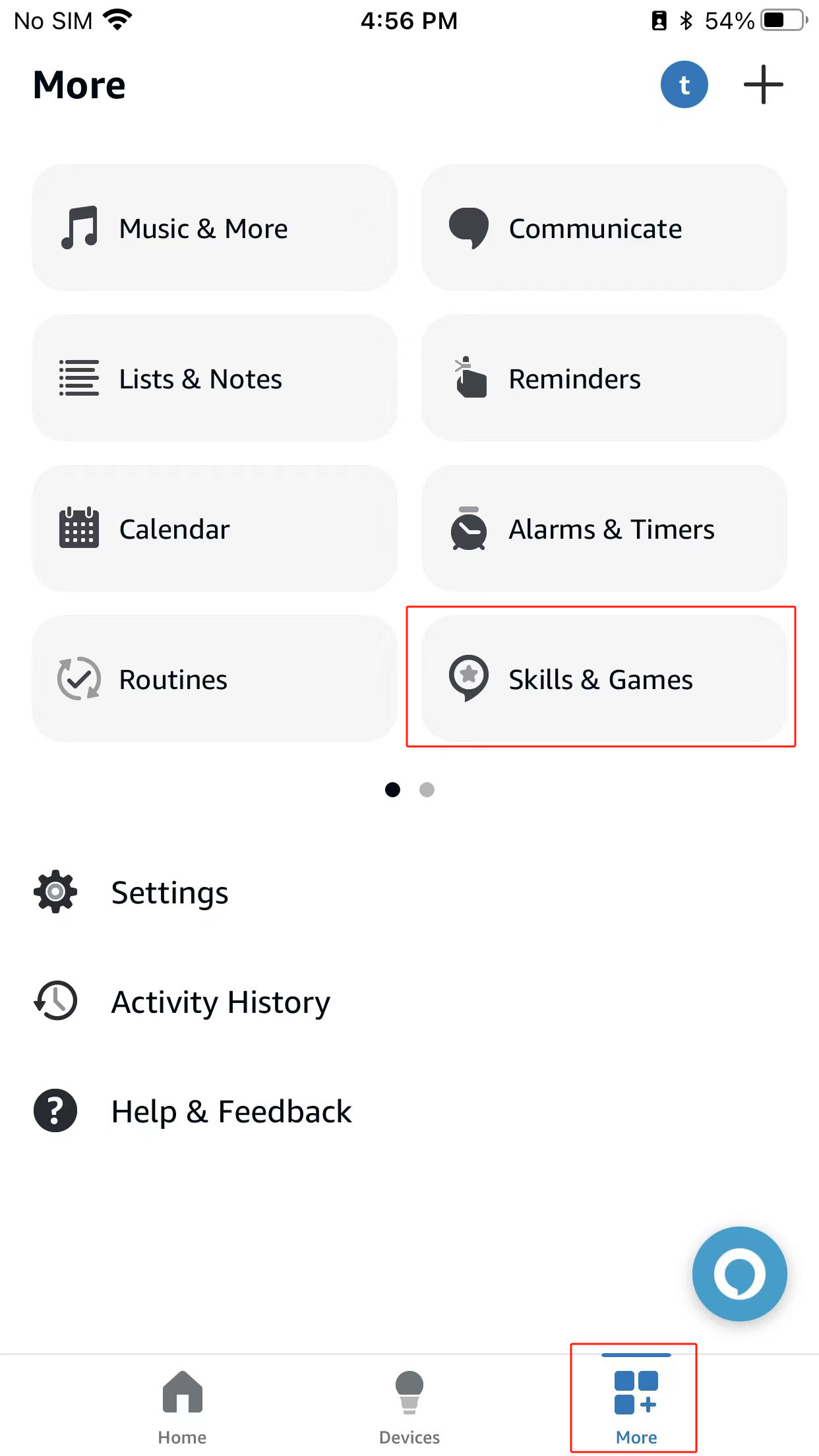 In Alexa More page, select Skills and Games.