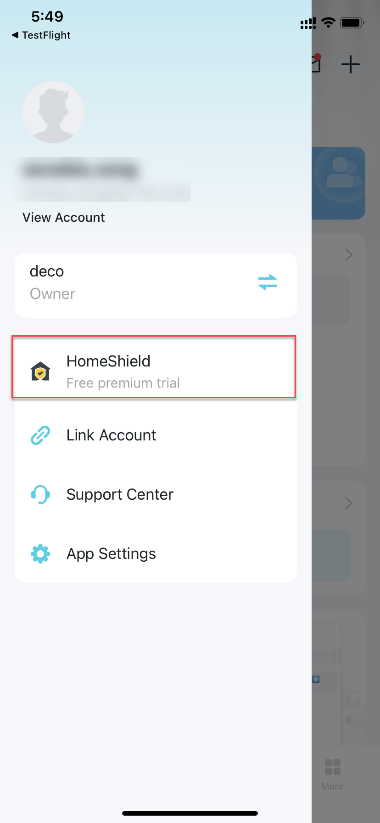 Deco app profile menu with HomeShield option highlighted, showing a free premium trial offer.