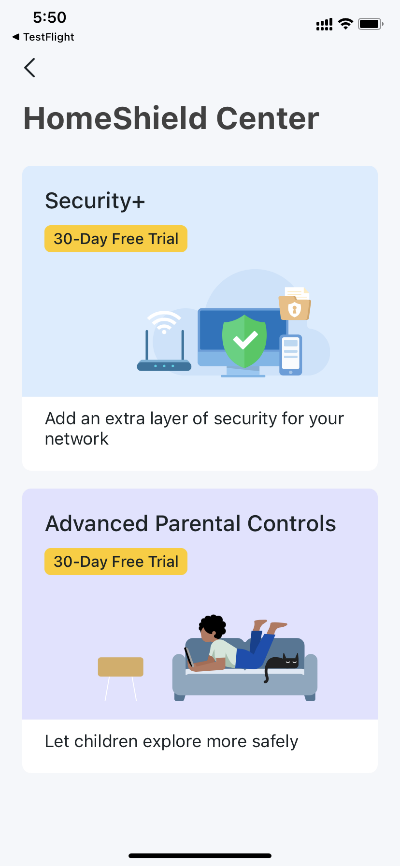 HomeShield Center screen showing Security+ and Advanced Parental Controls options with 30-Day Free Trial badges.