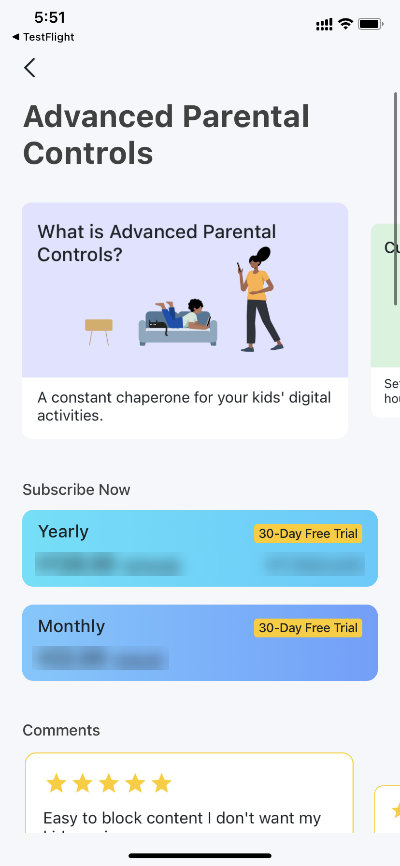 Advanced Parental Controls subscription screen with yearly and monthly plan options and a 5-star user review.
