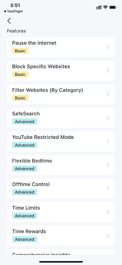 Advanced Parental Controls features list showing Basic and Advanced tier features including SafeSearch, Time Limits, and Time Rewards.