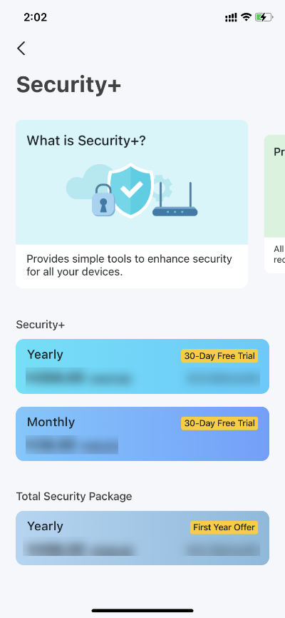 Security+ subscription screen showing Yearly and Monthly plan options with 30-Day Free Trial badges and a Total Security Package option.